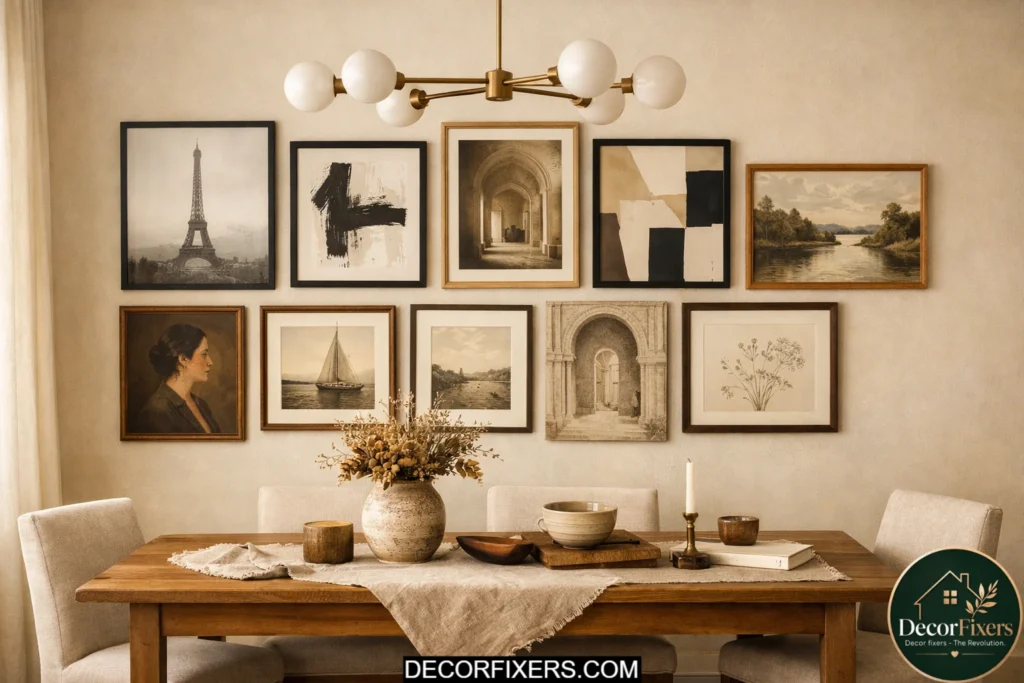 Curated gallery wall of mixed frames arranged above a dining table in a warm modern dining room