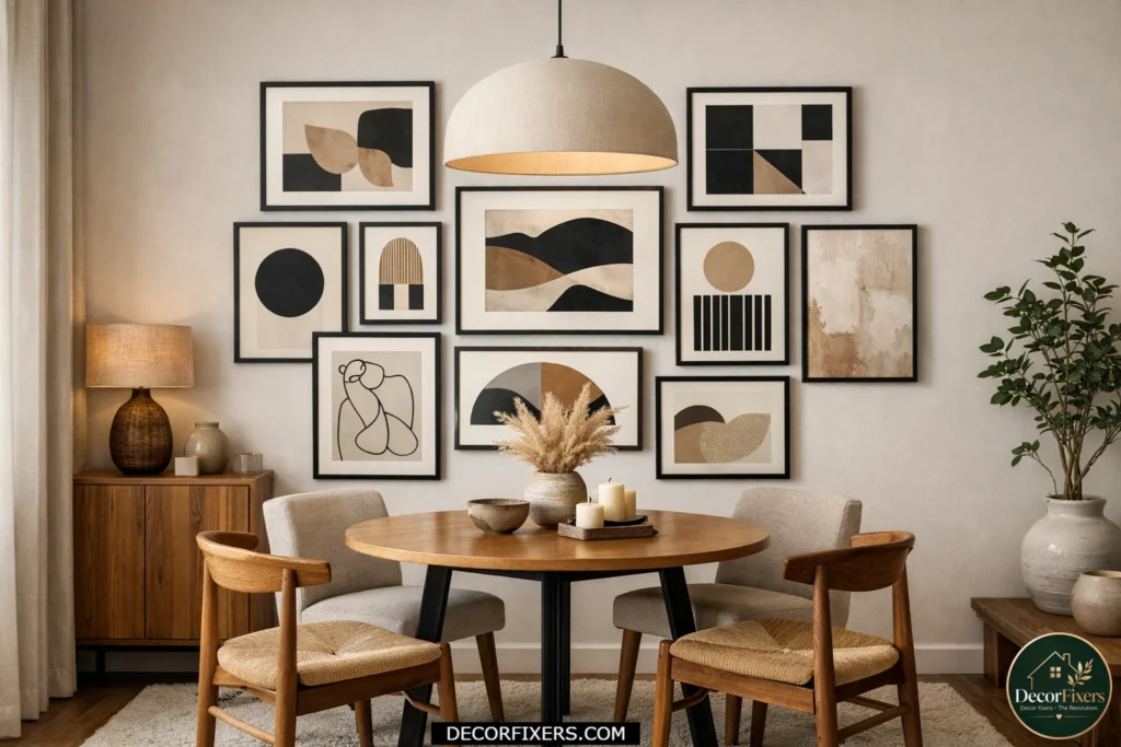 Small dining room decorated with a cohesive black-frame gallery wall.
