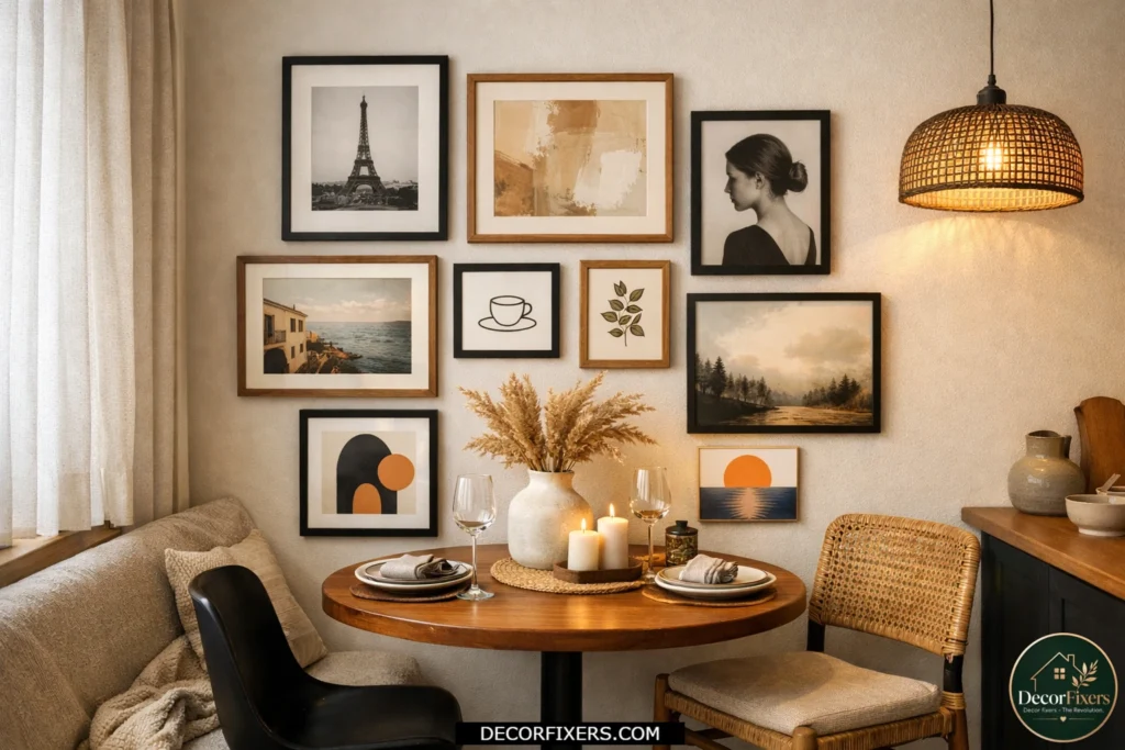 Compact dining room decorated with a stylish gallery wall for added visual height.