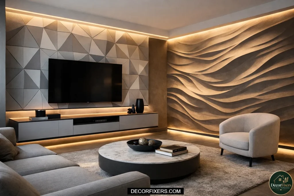 A living room accent wall covered in geometric wave-pattern 3D PVC panels painted in a deep tone, with a flat-screen TV mounted at center creating shadow depth