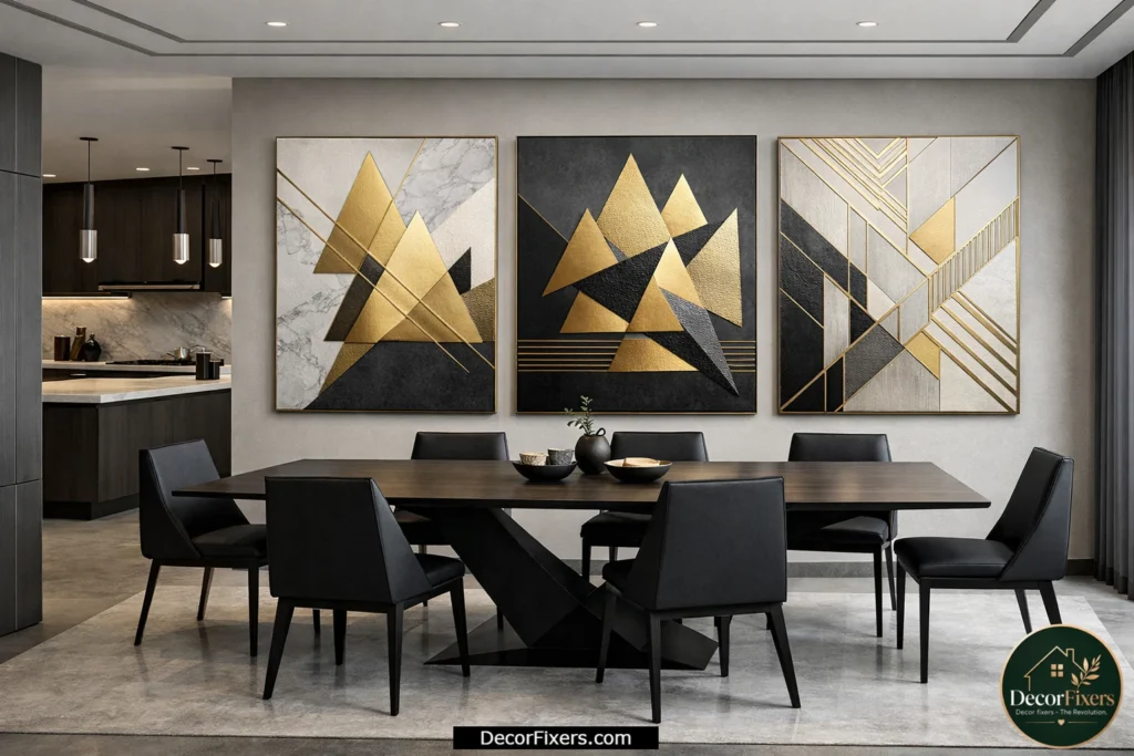 Modern geometric gold abstract canvas in a contemporary dining room with clean lines