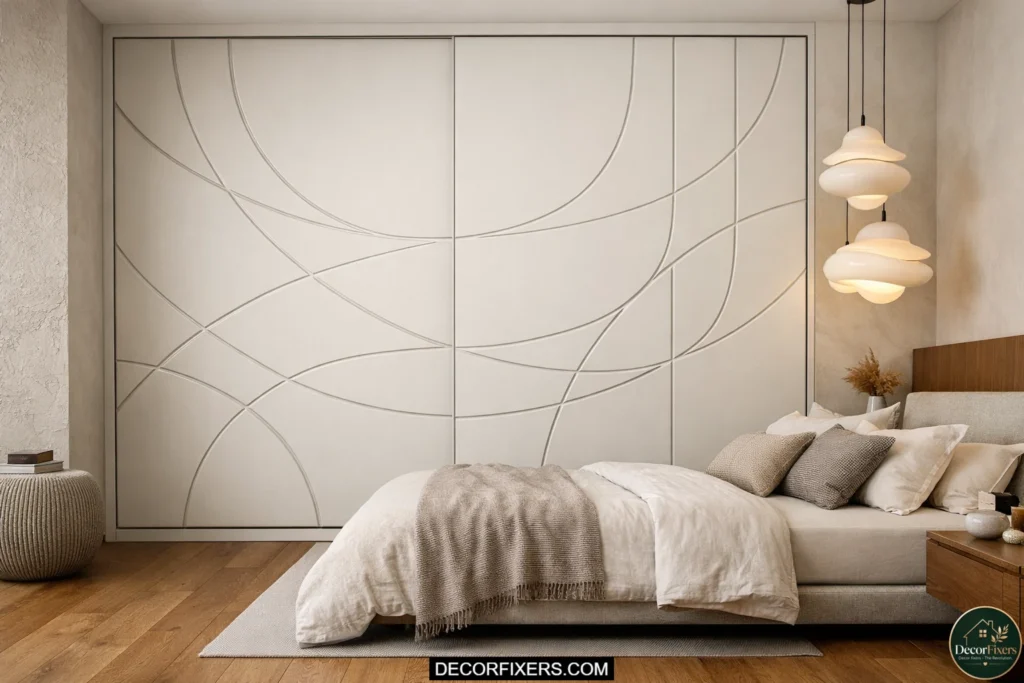 Artistic geometric sliding wardrobe doors in a modern luxury bedroom.