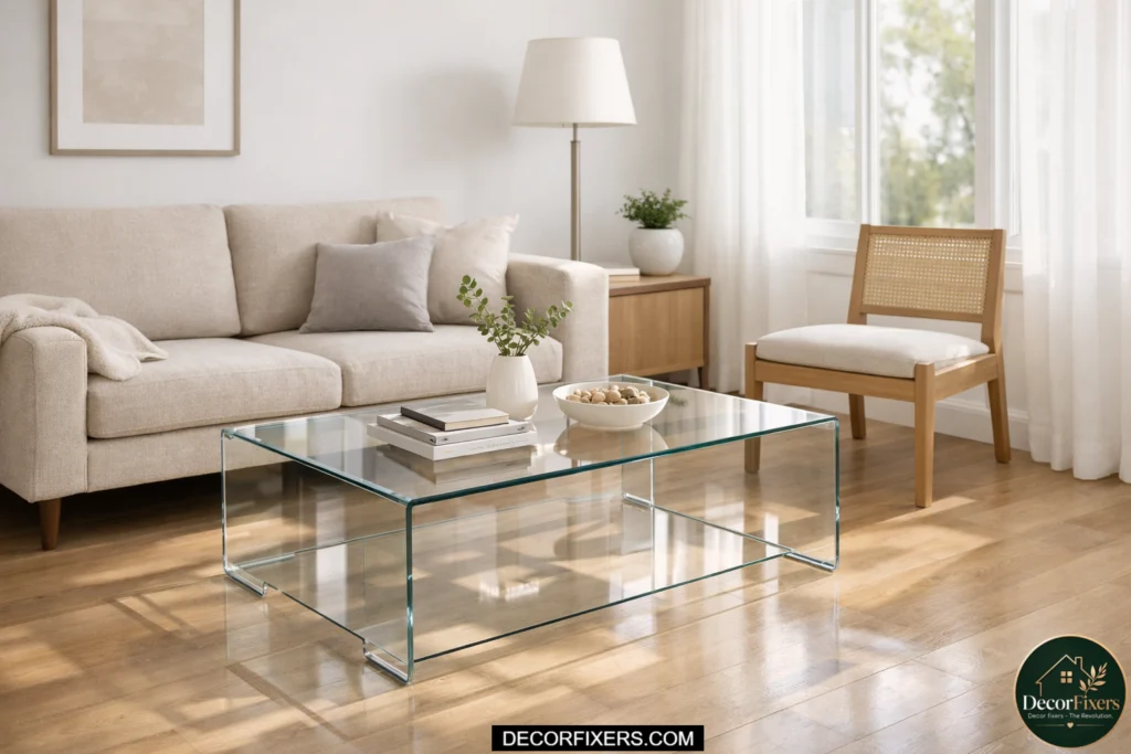 glass coffee table creating open feel in small living room