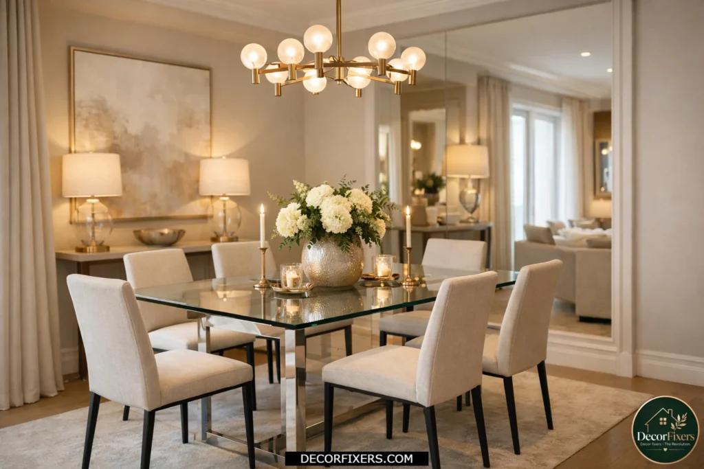 Small dining room featuring a glass dining table that keeps the room visually open.
