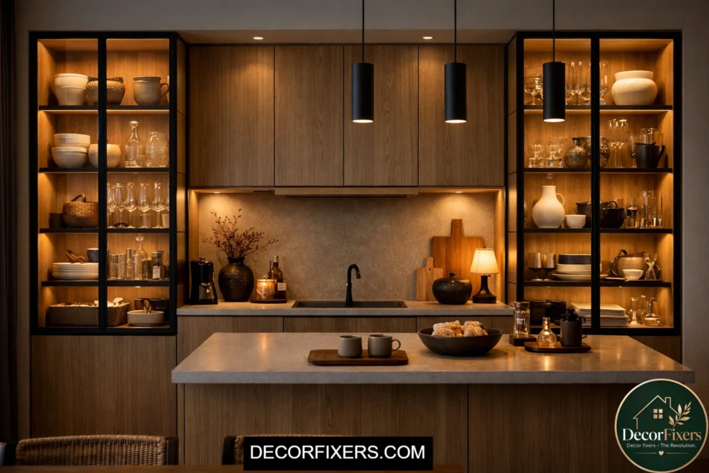 Glass-front display cabinets in Scandinavian kitchen