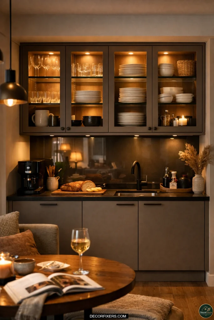 Glass-front cabinets making a small open-plan kitchen feel deeper