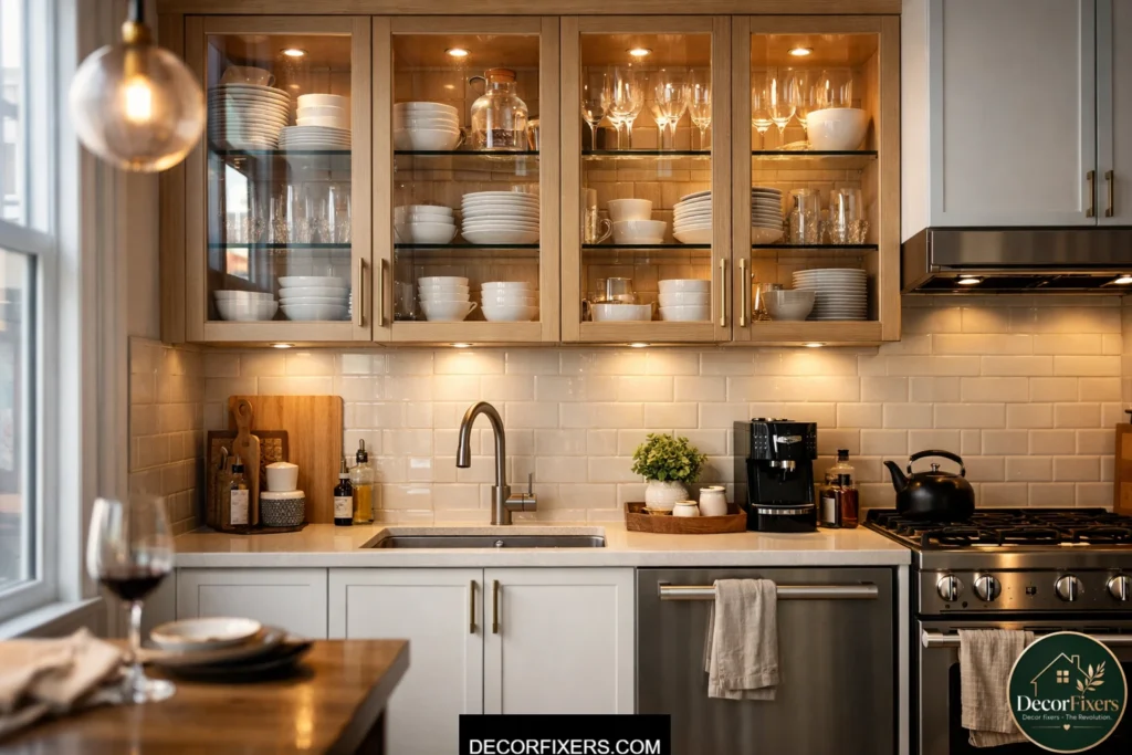 Glass-front upper cabinets making a small kitchen feel larger