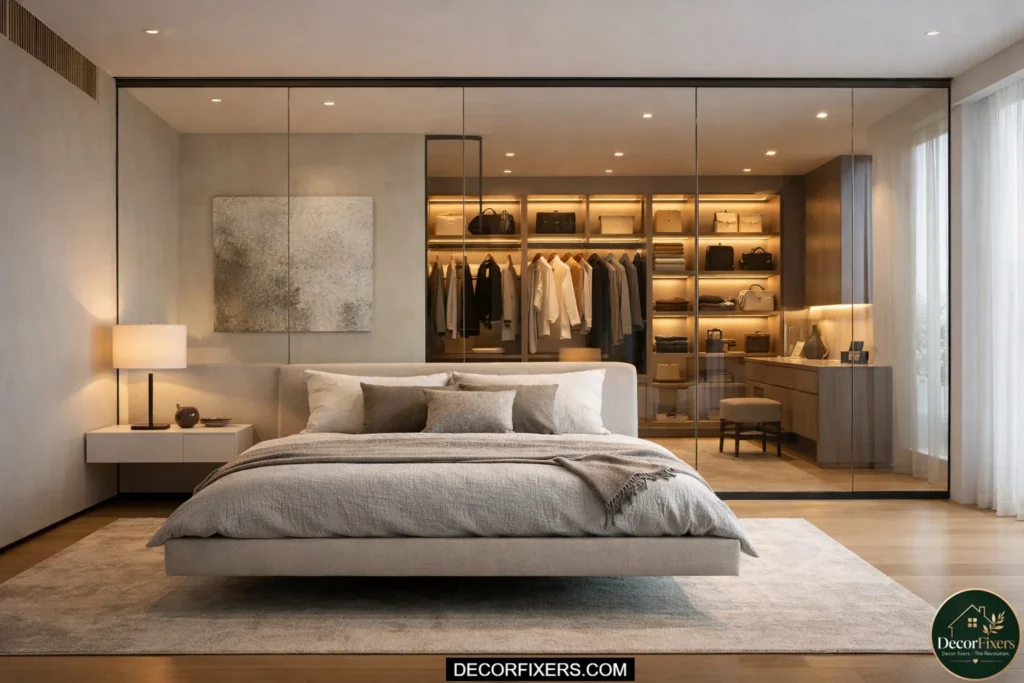 Bedroom with a partial walk-in wardrobe separated by a glass partition.