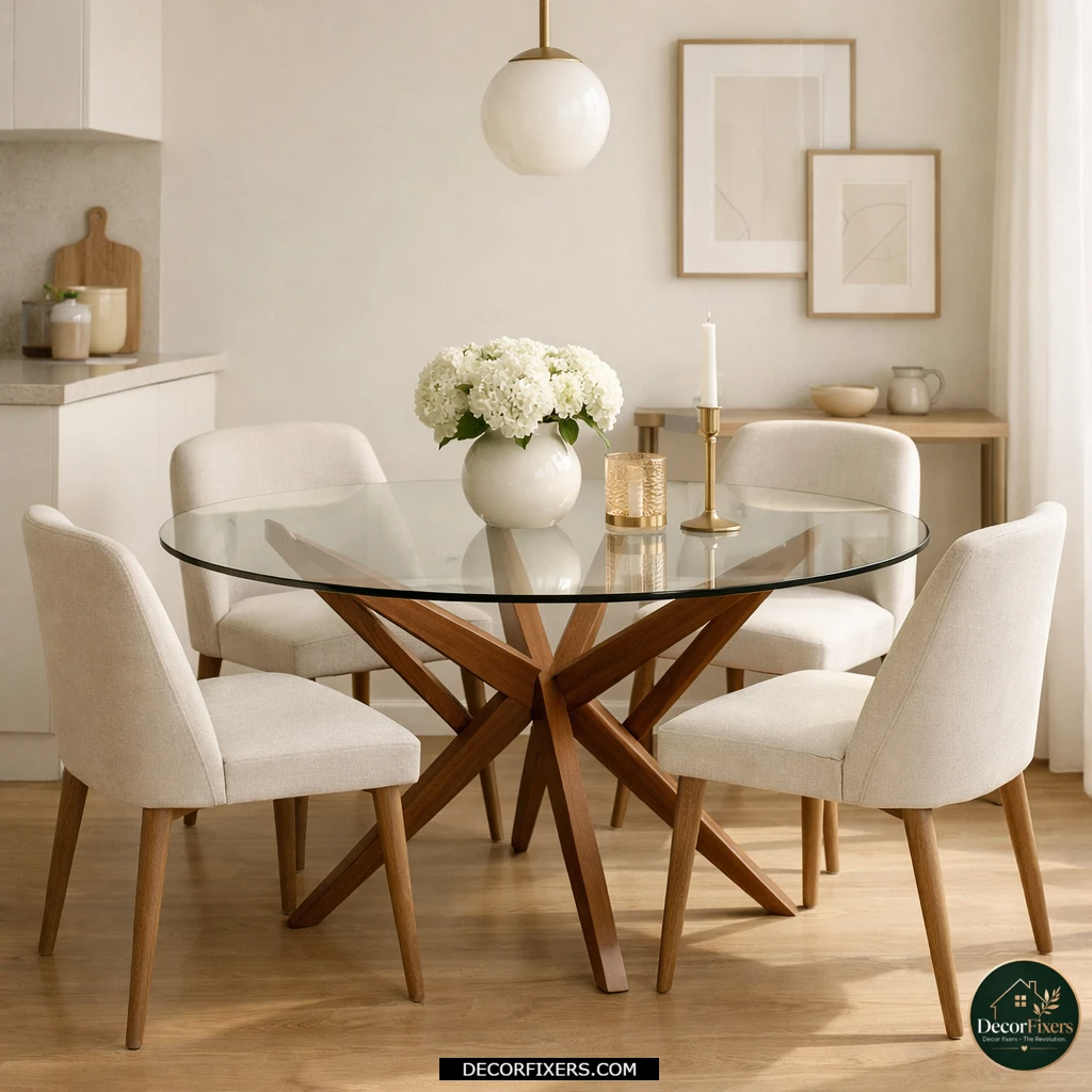 Glass-top dining table making a small dining room feel larger and brighter.