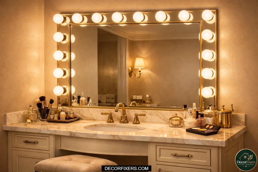 Hollywood-style globe vanity lights surrounding a large bathroom mirror.