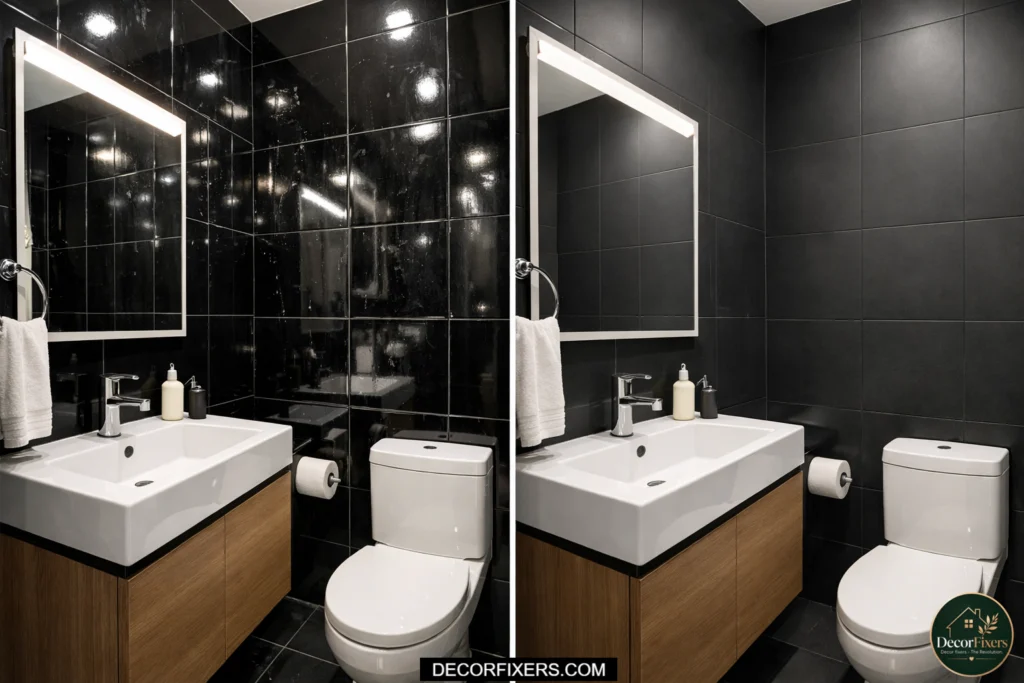 Glossy black tiles making small bathroom feel cramped compared to matte black tiles improving space perception
