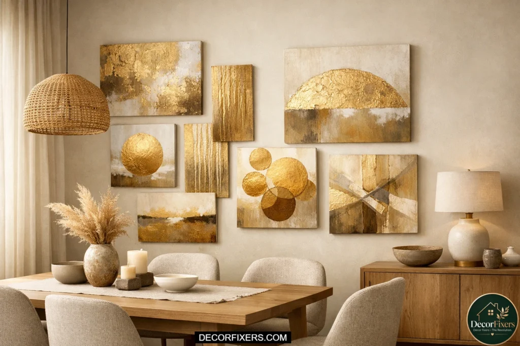 Corner gallery cluster of gold abstract wall art in dining room.