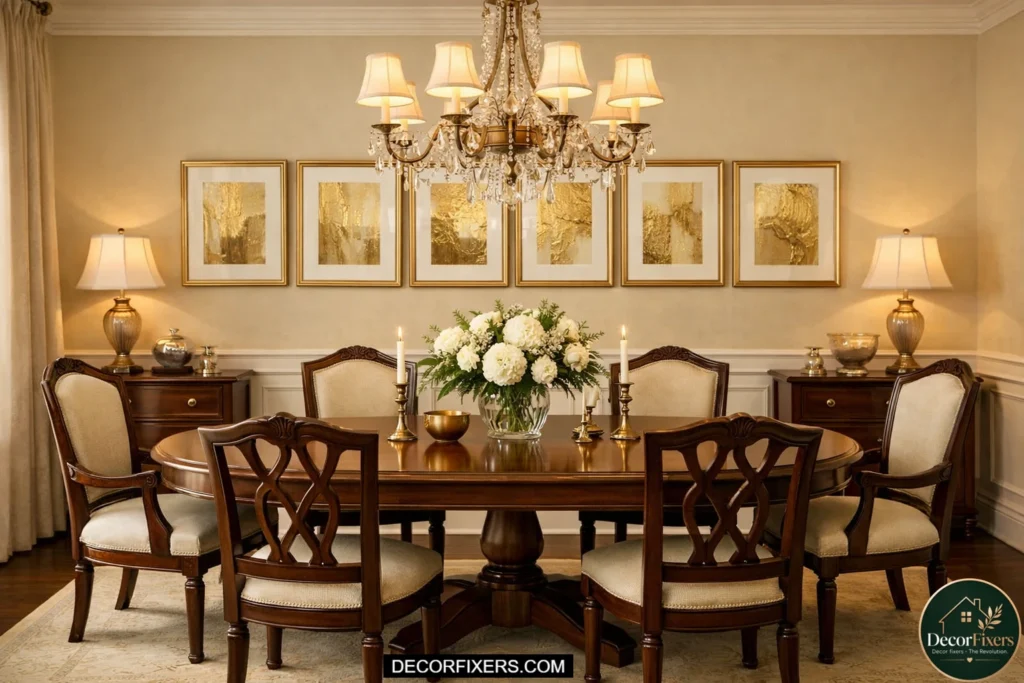 Gold abstract framed prints above the dining room chair rail molding.