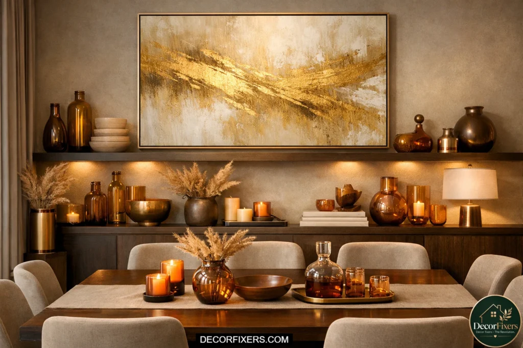 Gold abstract art above styled dining room sideboard vignette.