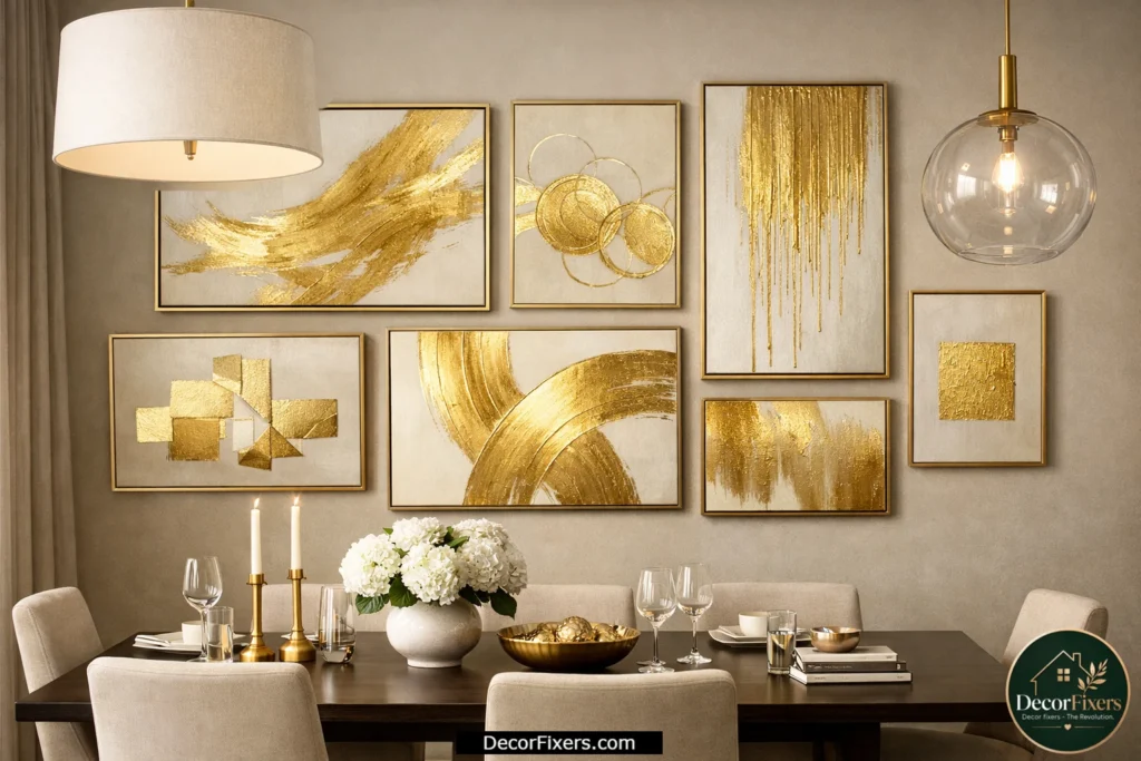 Curated gold abstract canvas gallery wall in a stylish contemporary dining room