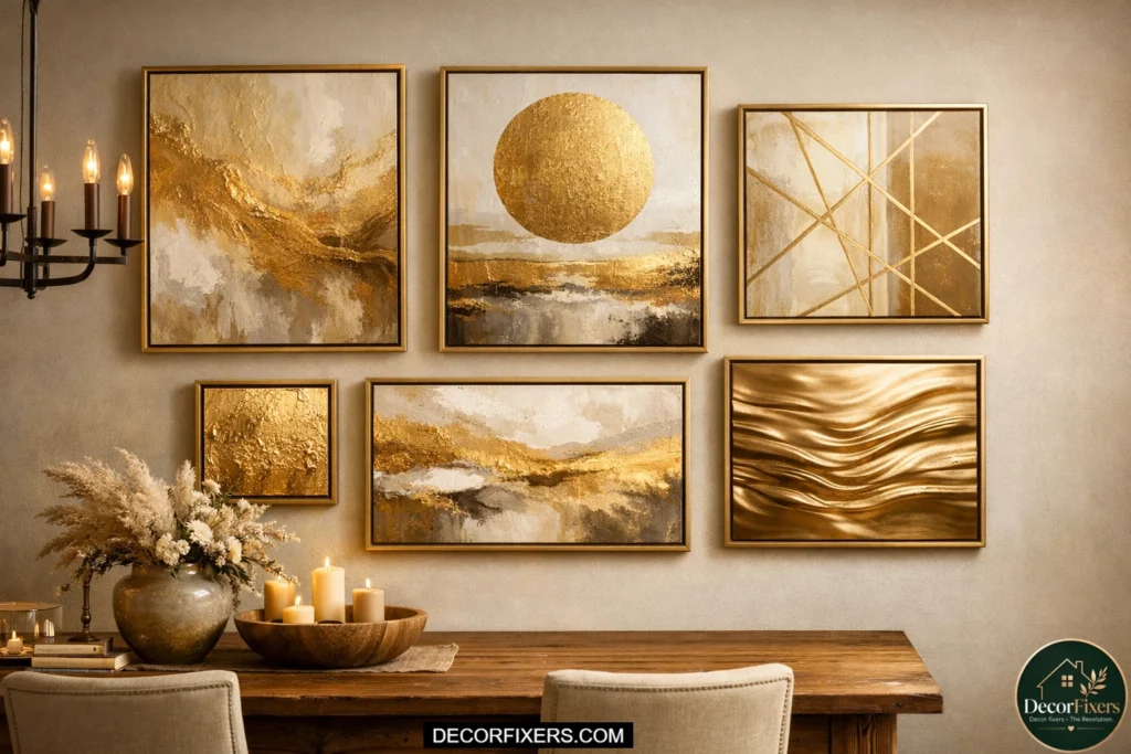 Gold abstract gallery wall above farmhouse dining table.