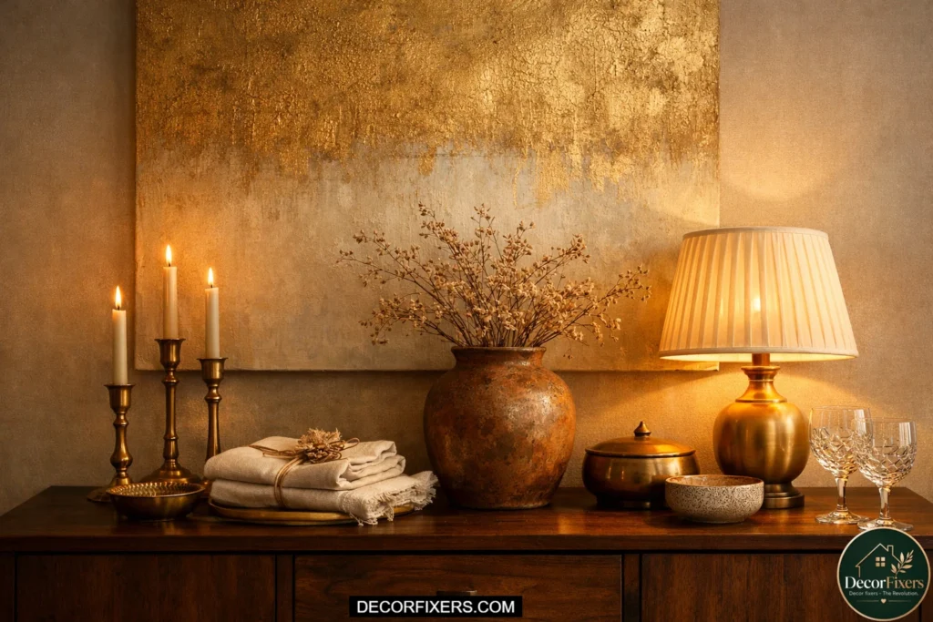 Gold abstract wall art above open shelving in dining room.