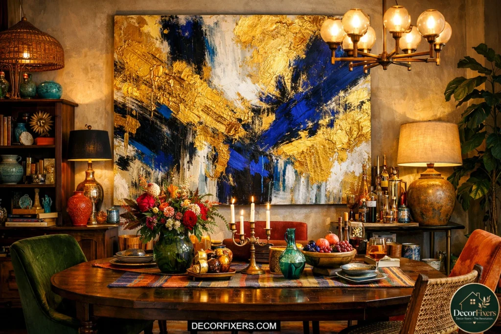 Eclectic dining room with gold abstract art and cobalt accents.