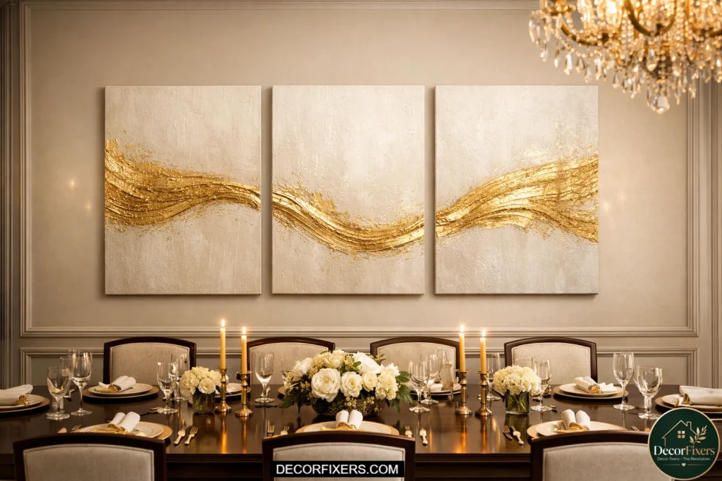Gold abstract triptych across long dining room wall above formal dining table.
