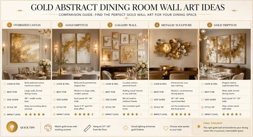 Comparison of gold abstract wall art styles in a luxury dining room.