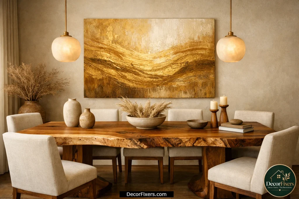 Gold abstract canvas paired with a natural wood dining table in an organic luxury dining room
