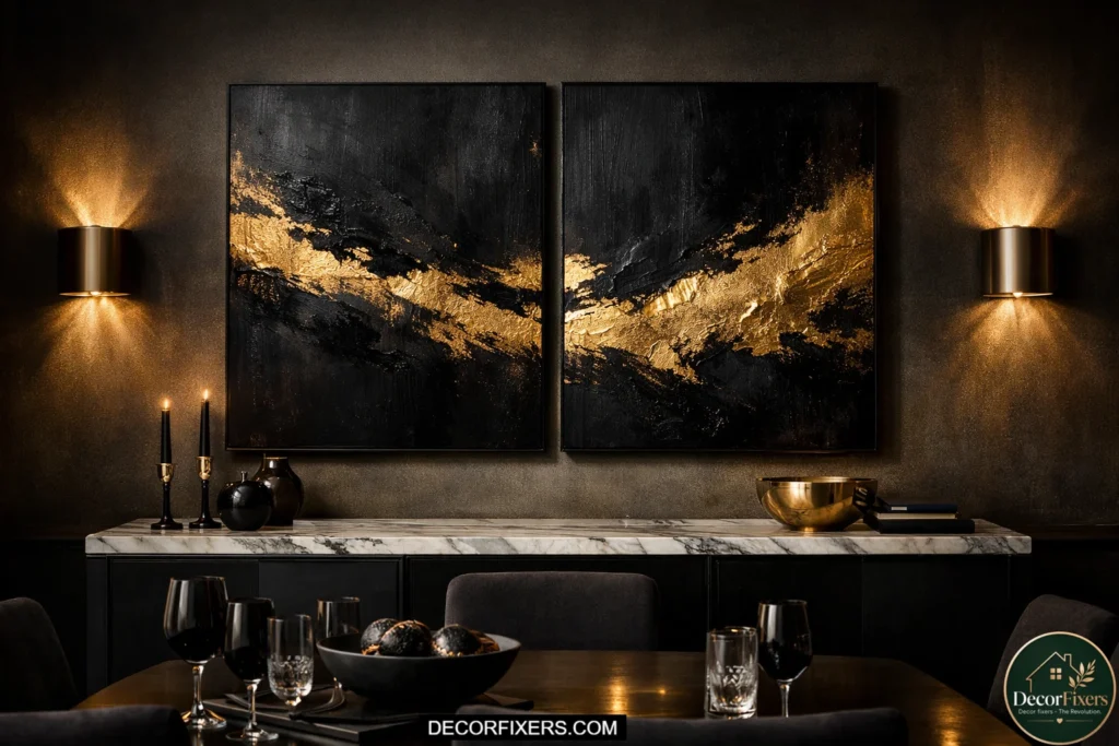 Gold and black abstract diptych above marble sideboard in a dramatic dining room.