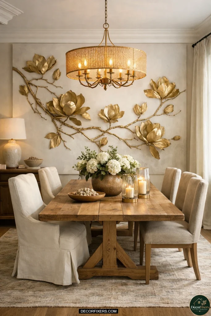 Gold botanical abstract artwork in transitional dining room.