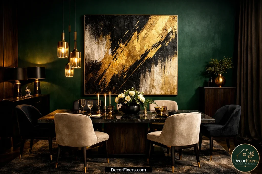 Gold abstract canvas displayed on a dark green dining room accent wall