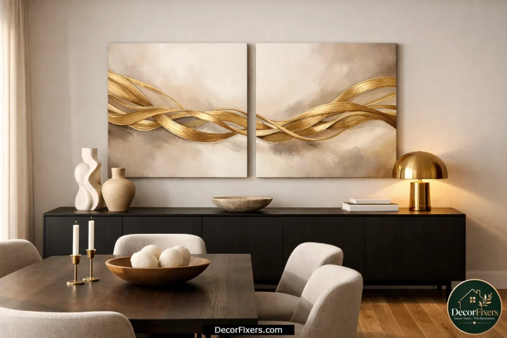 Gold abstract diptych canvas wall art displayed above a sleek dining room sideboard