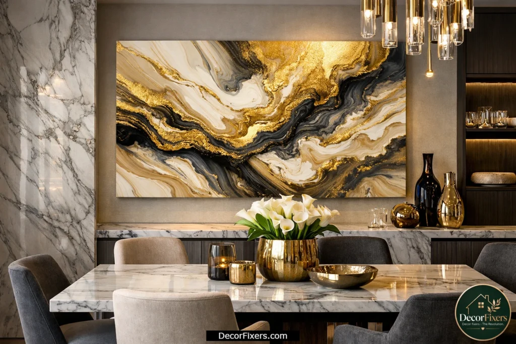 Gold fluid pour abstract canvas with marble-inspired textures in a modern dining room