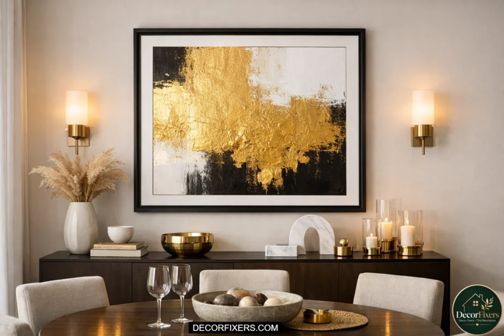 Gold foil abstract print in black frame for modern dining room.