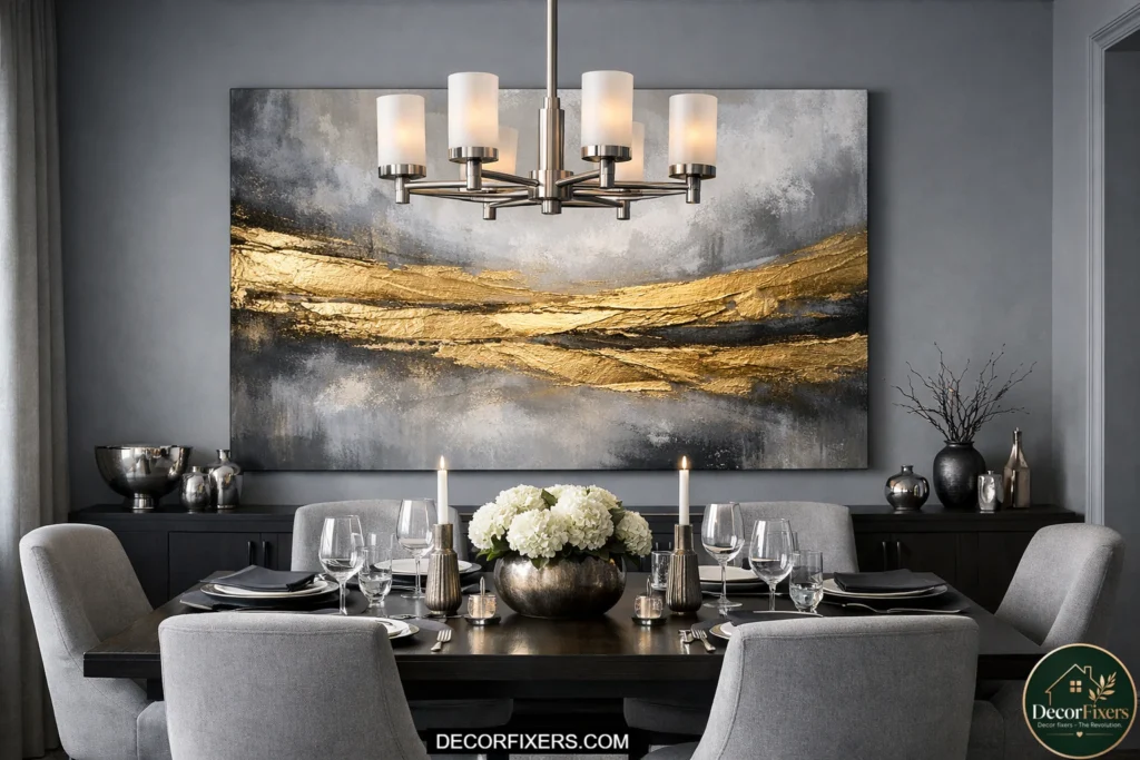 Gold and gray abstract wall art in a cool-toned dining room.