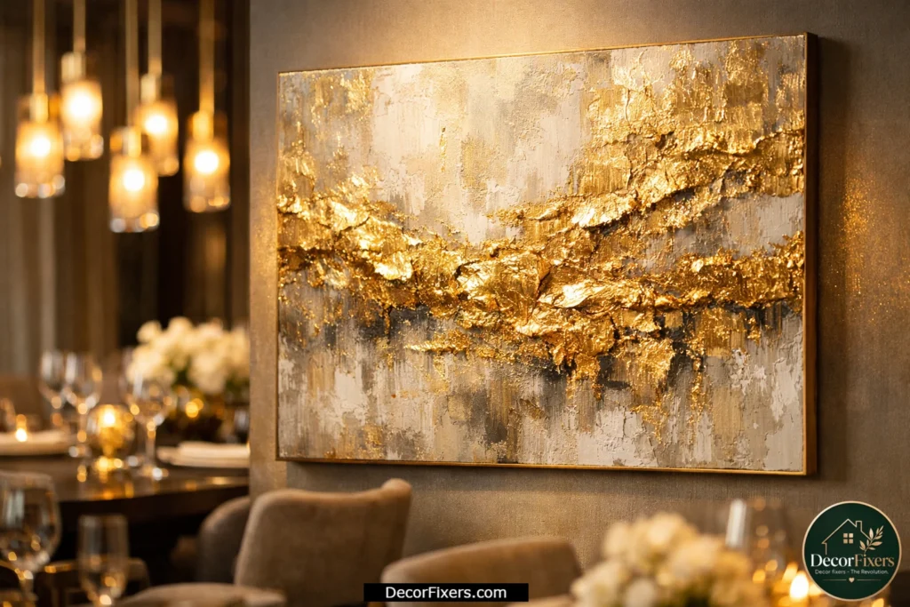 Real gold leaf abstract canvas wall art with reflective metallic texture in a dining room