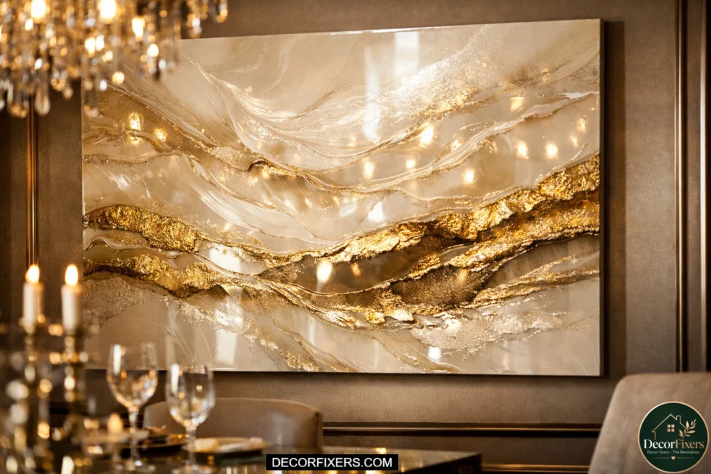 Gold leaf resin abstract wall art with reflective texture in a modern dining room.