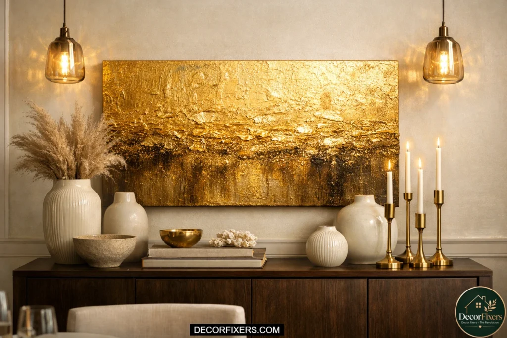 Metallic gold abstract canvas above dark buffet sideboard in a luxury dining room.