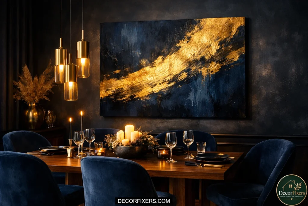 Gold and navy abstract canvas in dramatic dining room.