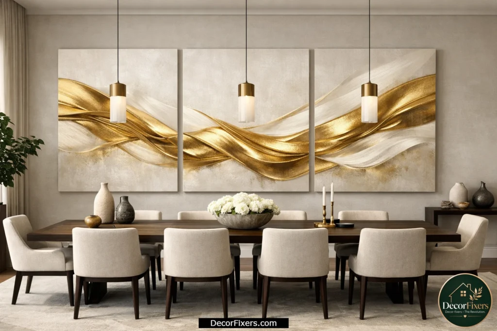 Large gold abstract triptych canvas set above a wide dining room table