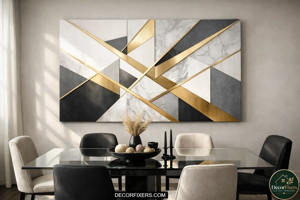 Geometric gold and white abstract wall art in a modern dining room.