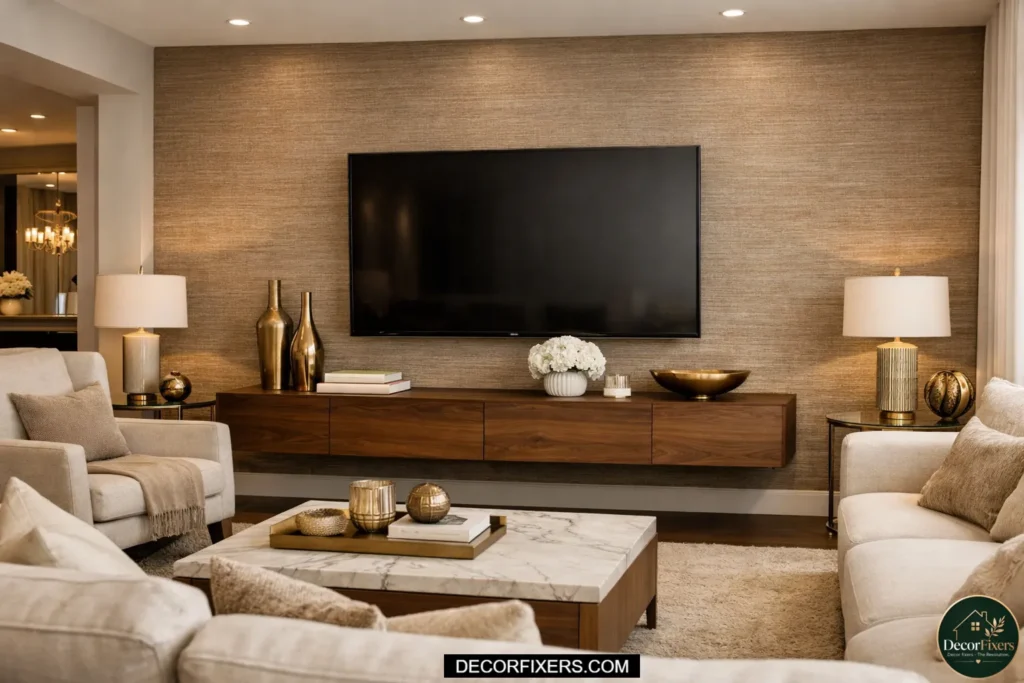 A living room TV accent wall covered in natural grasscloth wallpaper with a woven linen texture, providing a tactile layered backdrop behind a wall-mounted flat-screen television