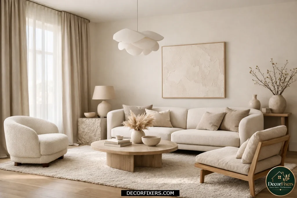 Greige curtains complementing a warm neutral luxury living room.