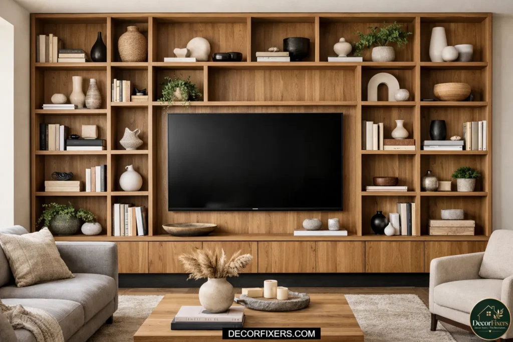A floor-to-ceiling modular grid open shelving TV wall using IKEA KALLAX units in a consistent painted finish, with a floating TV shelf centered and shelves styled with books, plants, and baskets