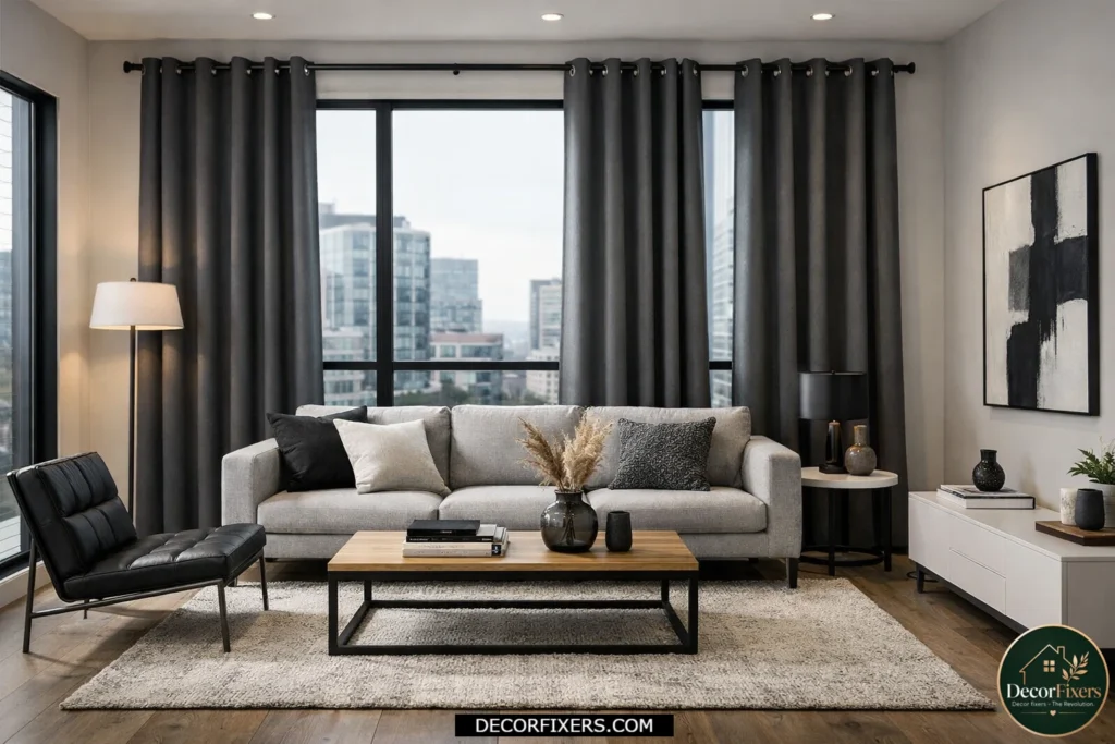 Modern grommet-top curtains in a minimalist contemporary living room.