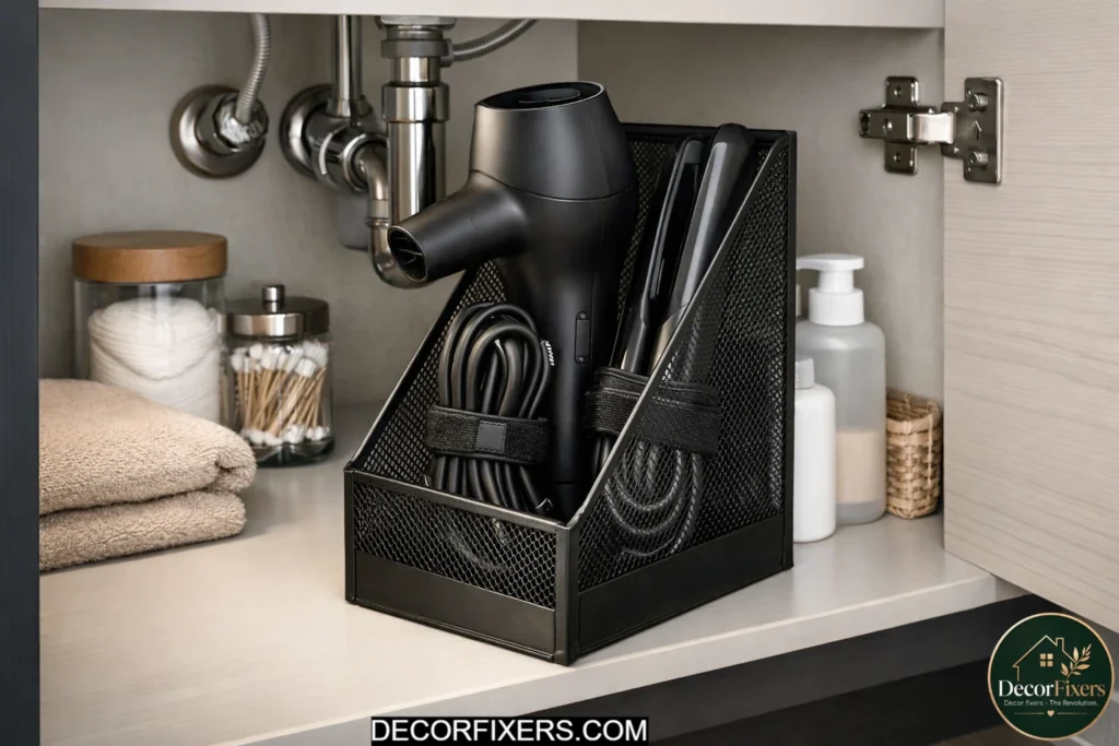 Magazine file used as hairdryer holder inside bathroom cabinet