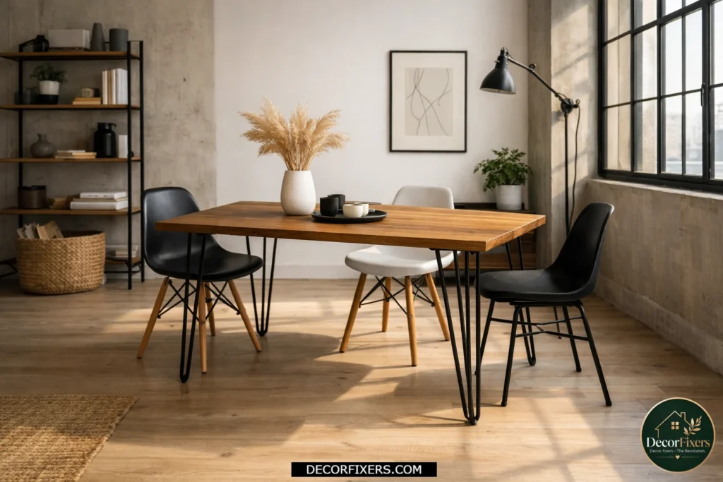 Hairpin-leg dining table creating an open feel in a small dining room.