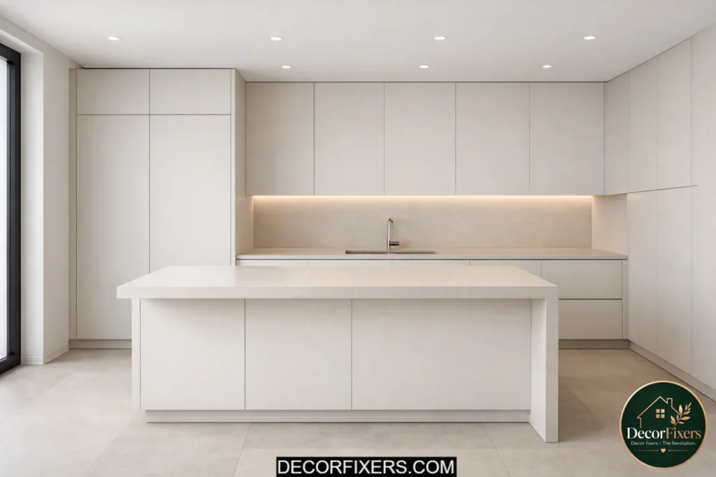 Modern minimalist kitchen with sleek handleless cabinetry and waterfall island
