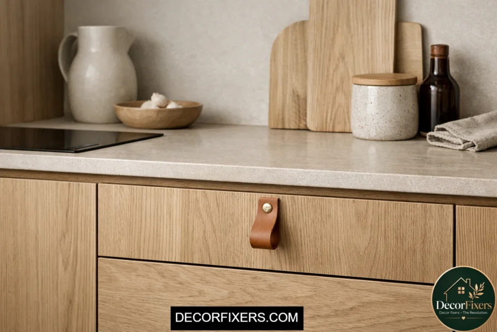 Handleless Scandinavian kitchen cabinets with leather pull detail
