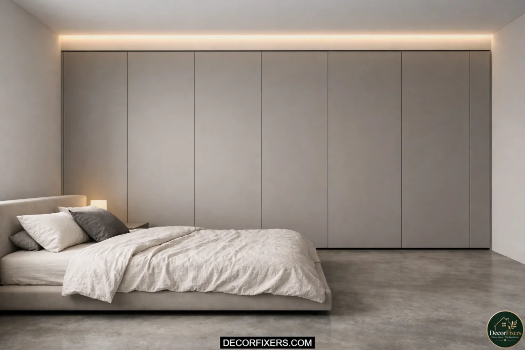 Handle-less sliding wardrobe with flush minimalist design in a modern bedroom.