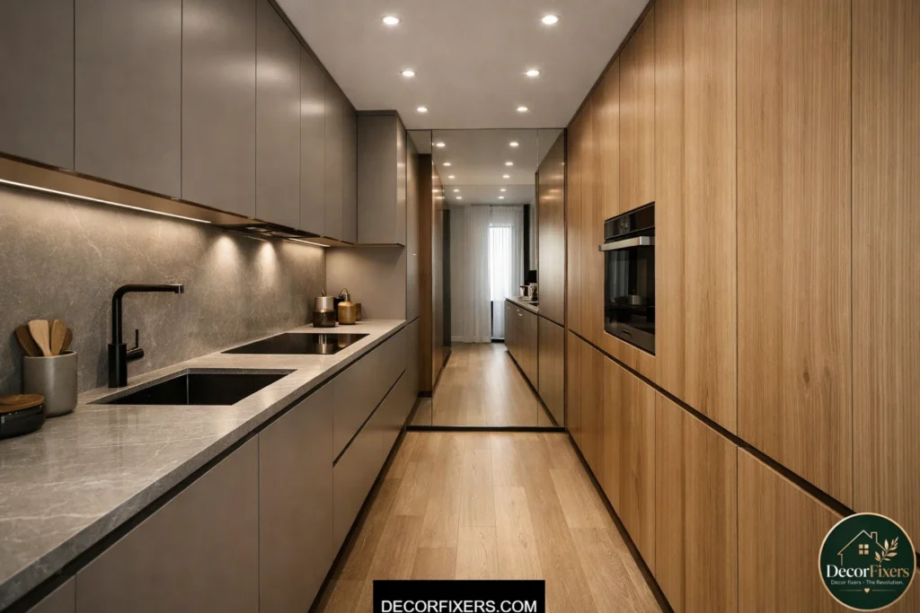 Handleless push-to-open cabinets in a modern small galley kitchen