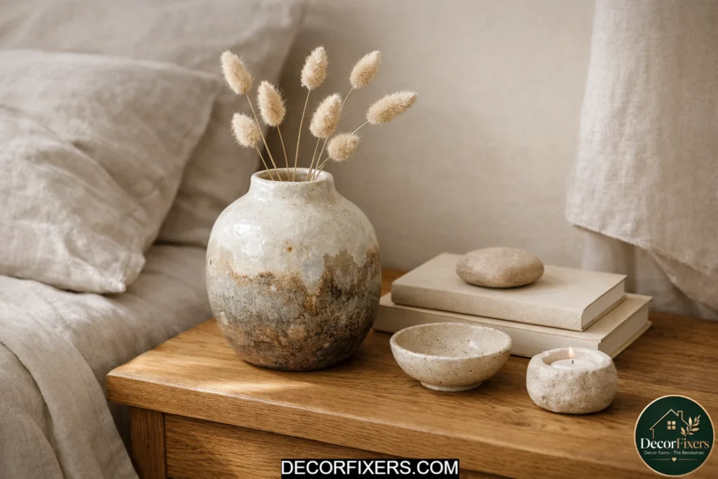 Handmade ceramic vase on a Japandi bedside table with warm styling