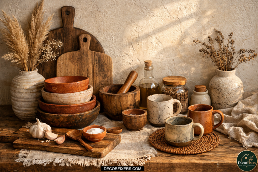 Handmade ceramic bowls and artisan pottery displayed on a warm boho kitchen counter